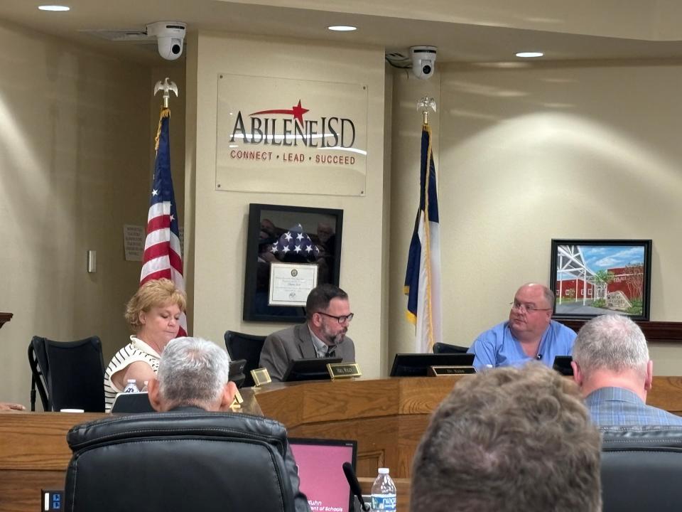 Abilene ISD superintendent Dr. John Kuhn leads his first regular Board of Trustees meeting alongside Daryl Zeller and Angie Wiley on May 6. The board recognized students participating in activities at the state level, discussed district budgets and heard reports on district salaries.