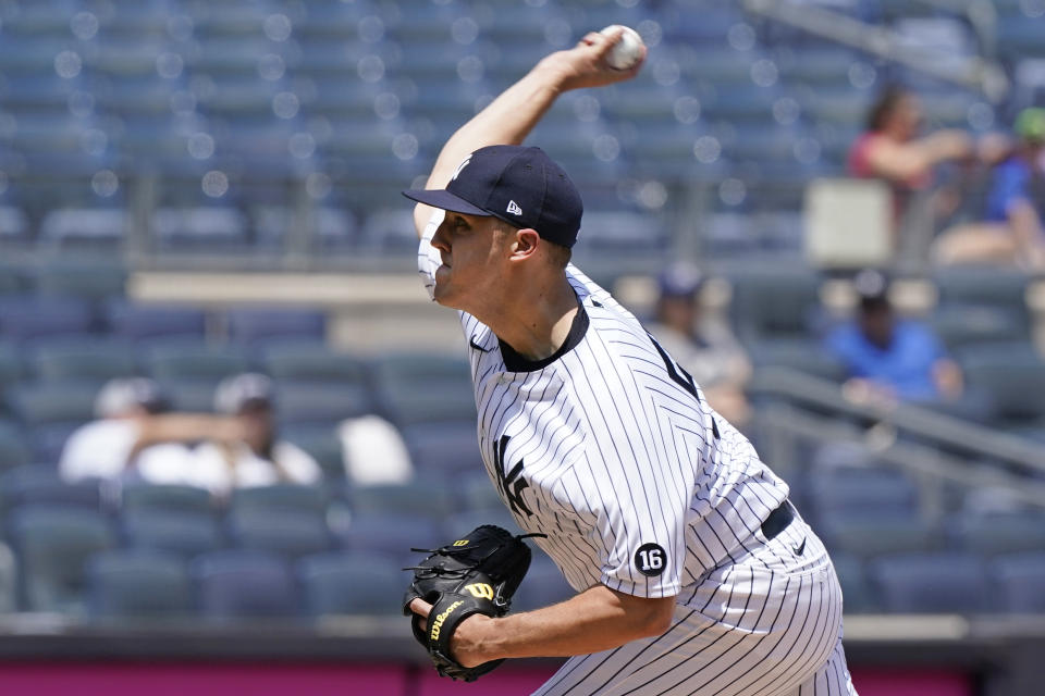 New York Yankees starting pitcher Jameson Taillon winds up during the first inning of a baseball game against the Chicago White Sox, Sunday, May 23, 2021, at Yankee Stadium in New York. (AP Photo/Kathy Willens)