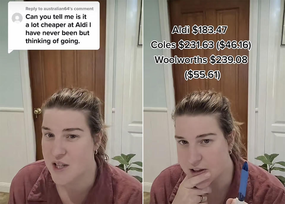 Stills from woman's TikTok in which she compares grocery prices between Aldi, Coles and Woolworths