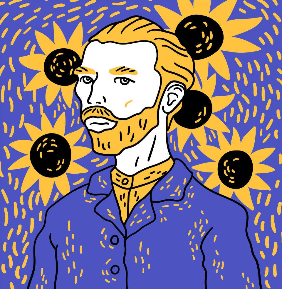 Caricatura en color del retrato del gran pintor impresionista holandés Vincent Van Gogh. Concepto en estilo de diseño plano. Ilustración vectorial.