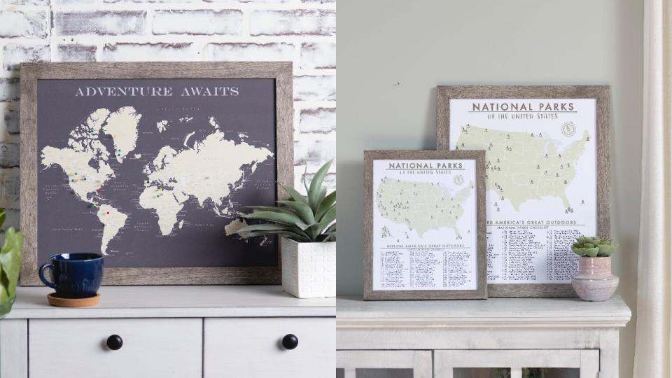 Find gifts for the traveler in your life at An Adventure Awaits, such as these framed push pin maps.