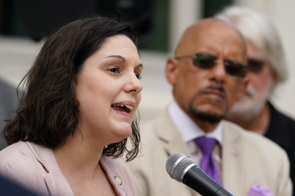 FILE - Pennsylvania state Sen. Amanda Cappelletti speaks during a rally to raise the state minimum wage at Sharon Baptist Church, July 9, 2021, in Philadelphia. (AP Photo/Matt Slocum, File)