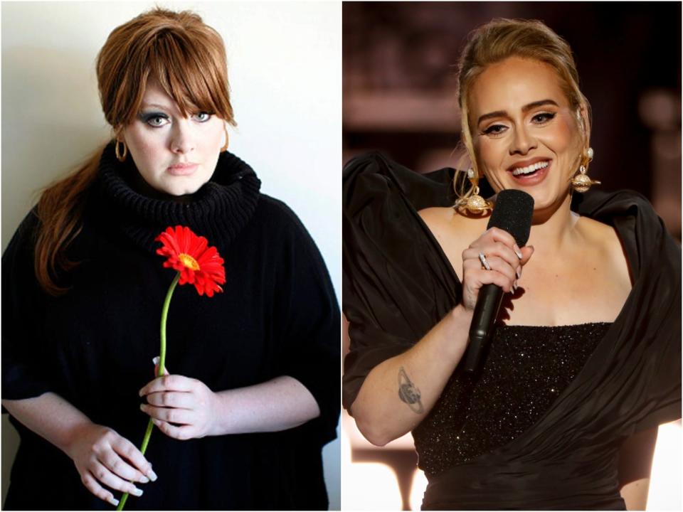 Adele in 2008 and in 2021.