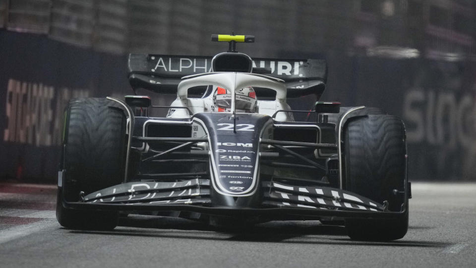 AlphaTauri driver Yuki Tsunoda of Japan steers his car during the Singapore Formula One Grand Prix, at the Marina Bay City Circuit in Singapore, Sunday, Oct.2, 2022. (AP Photo/Vincent Thian)