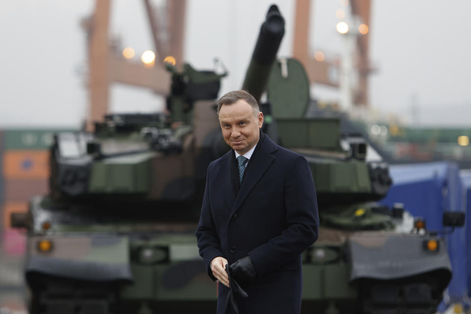 Poland's president Andrzej Duda attends a press conference in the Polish Navy port of Gdynia, Poland, Tuesday, Dec. 6, 2022. Poland's President Andrzej Duda and the defense minister on Tuesday welcomed the first delivery of tanks and howitzers from South Korea, hailing the swift implementation of a deal signed in the summer in the face of the war in neighbouring Ukraine. (AP Photo/Michal Dyjuk)