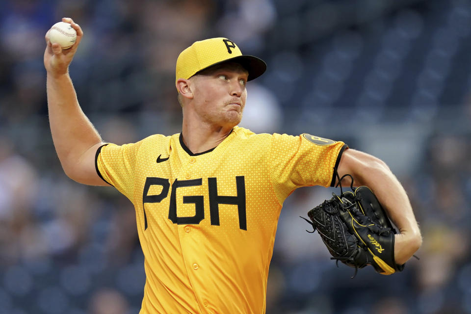 Pittsburgh Pirates starting pitcher Mitch Keller delivers against the Chicago Cubs in the first inning of a baseball game in Pittsburgh, Friday, Aug. 25, 2023. (AP Photo/Matt Freed)