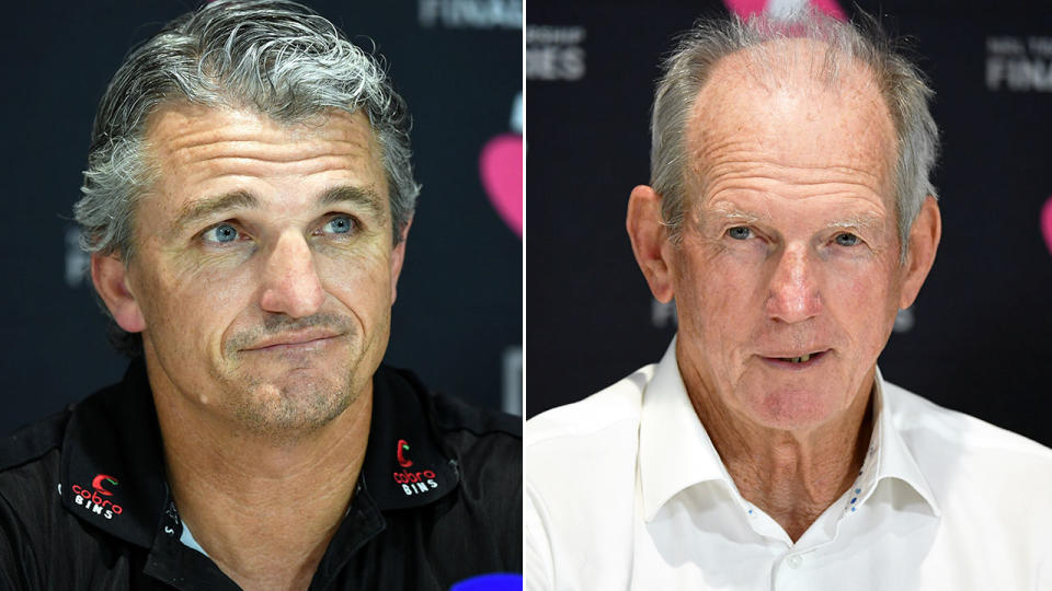 Pictured here, rival NRL coaches Ivan Cleary and Wayne Bennett speak after their week one finals clash.