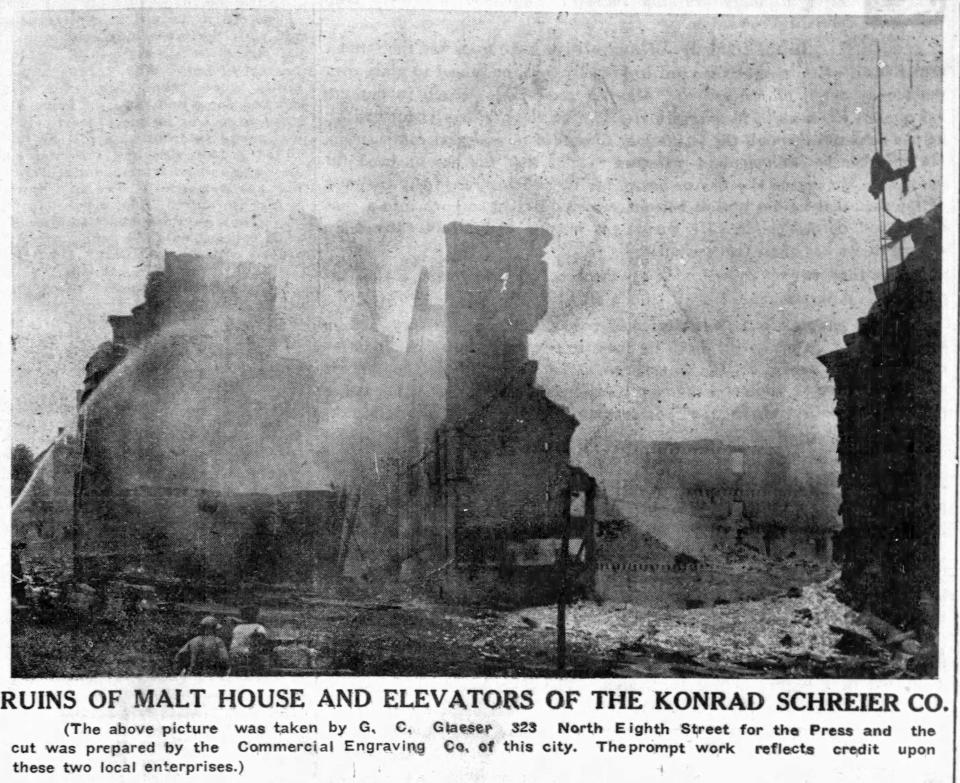 FILE - The ruins of the malt house and elevators of the Konrad Schreier, June 2, 1911, in Sheboygan, Wis.