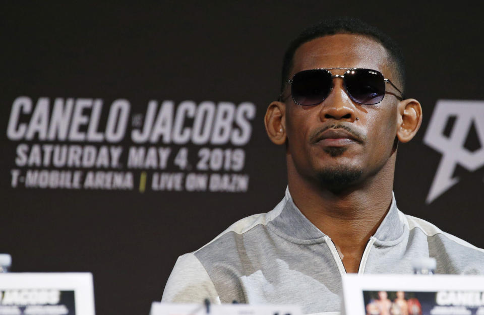 Daniel Jacobs attends a news conference for a middleweight title boxing match against Canelo Alvarez, Wednesday, May 1, 2019, in Las Vegas. The two are scheduled to fight Saturday in Las Vegas. (AP Photo/John Locher)