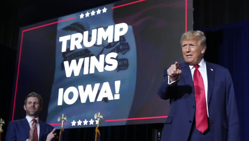 Republican presidential candidate and former President Donald Trump arrives to speaks at a caucus night party in Des Moines, Iowa, on Monday, Jan. 15, 2024. Trump won in caucusing in Iowa.