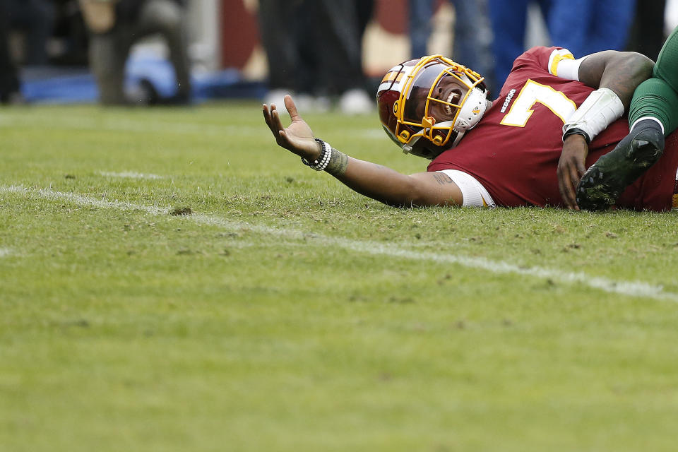 Dwayne Haskins vented the frustrations of a brutal rookie season to his offensive line on Sunday. (Geoff Burke/USA Today)