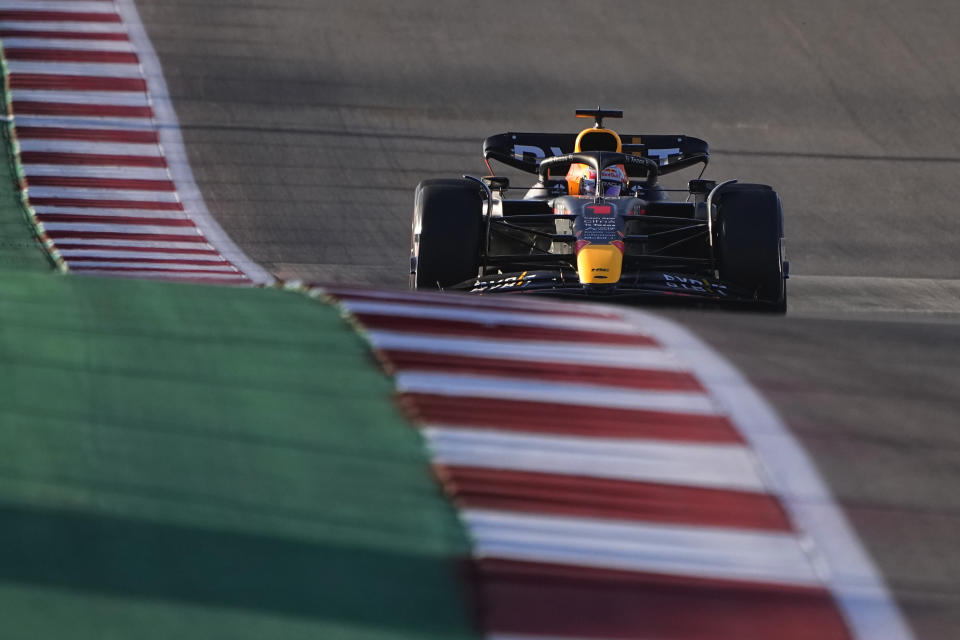 Red Bull driver Max Verstappen, of the Netherlands, drives during the second practice session for the Formula One U.S. Grand Prix auto race at Circuit of the Americas, Friday, Oct. 21, 2022, in Austin, Texas. (AP Photo/Eric Gay)