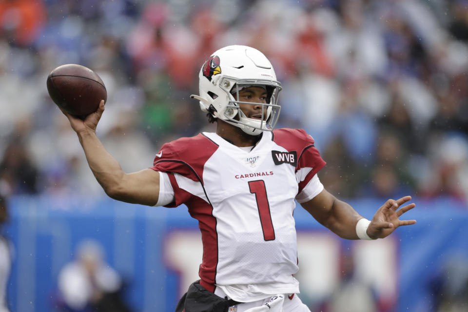 Arizona Cardinals quarterback Kyler Murray throws during the first half of an NFL football game against the New York Giants, Sunday, Oct. 20, 2019, in East Rutherford, N.J. (AP Photo/Adam Hunger)