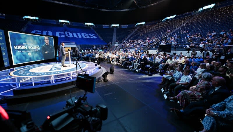 BYU’s new men’s head basketball coach Kevin Young makes a few remarks during an announcement event in the Marriott Center in Provo on Wednesday, April 17, 2024.