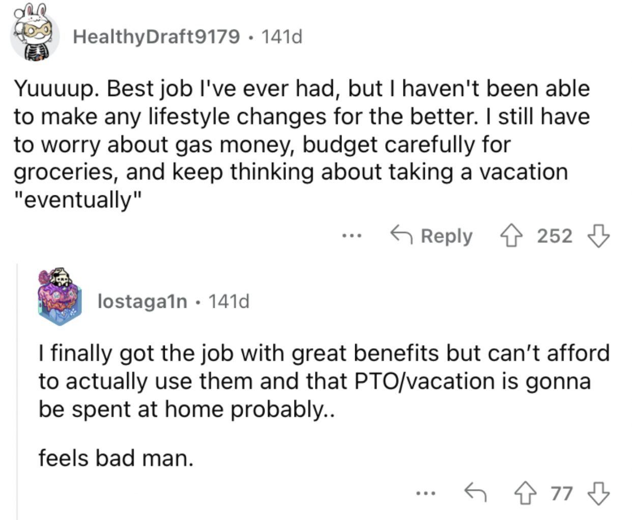 Reddit screenshot about how with a good job someone still has to worry about having enough funds for gas money.