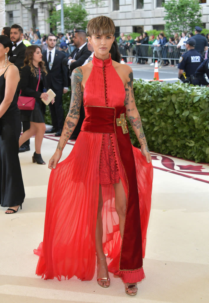 <p>Ruby Rose attends the Heavenly Bodies: Fashion & The Catholic Imagination Costume Institute Gala at The Metropolitan Museum of Art on May 7, 2018 in New York City. (Photo: Getty Images) </p>