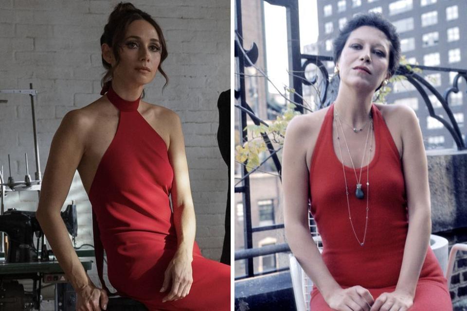 <p>French actress Rebecca Daya plays famed Italian jewelry designer Elsa Peretti, one of Halston’s muses, and friends. While <a href="https://www.forbes.com/sites/kristenshirley/2021/03/22/remembering-tiffany--co-jewelry-designer-elsa-peretti-1940-2021/?sh=1175060167d3" rel="nofollow noopener" target="_blank" data-ylk="slk:working as a model;elm:context_link;itc:0;sec:content-canvas" class="link ">working as a model</a> in New York City, Peretti began making jewelry for herself. She would go on to design for Tiffany & Co., debuting her first line in 1974. Peretti recently passed away in March 2021, at the age of 80. </p>