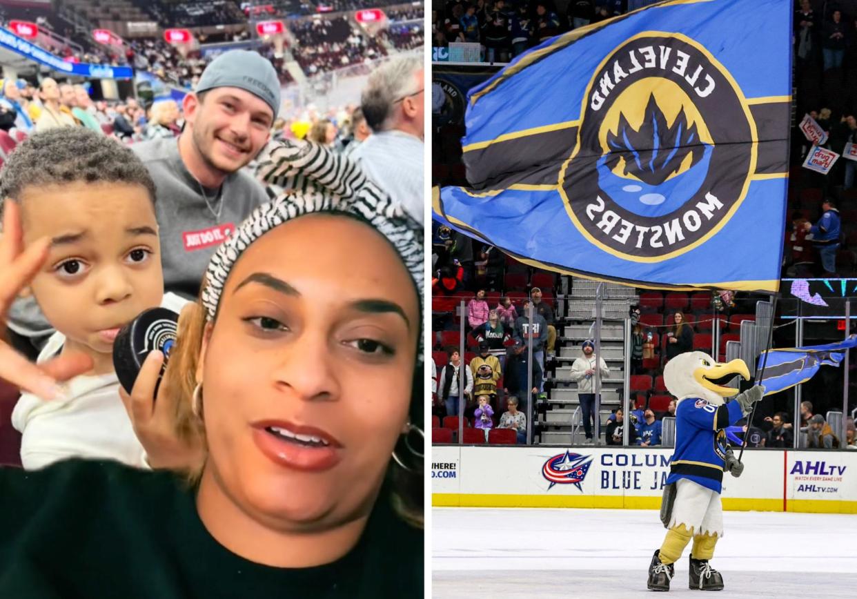 <span>Nasir Davis and his mother, Asia Davis, with Andrew Podolak in the background; a Cleveland Monsters game.</span><span>Composite: @asiafromakron/TikTok/Getty Images</span>