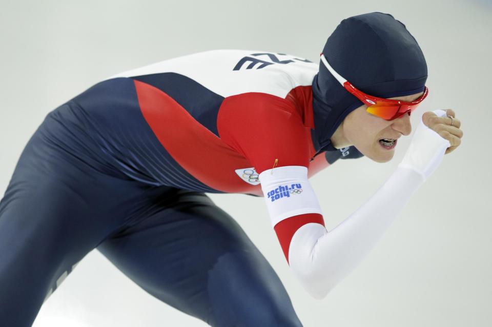 Martina Sablikova of the Czech Republic competes in the women's 3,000-meter speedskating race at the Adler Arena Skating Center during the 2014 Winter Olympics, Sunday, Feb. 9, 2014, in Sochi, Russia. (AP Photo/Matt Dunham)