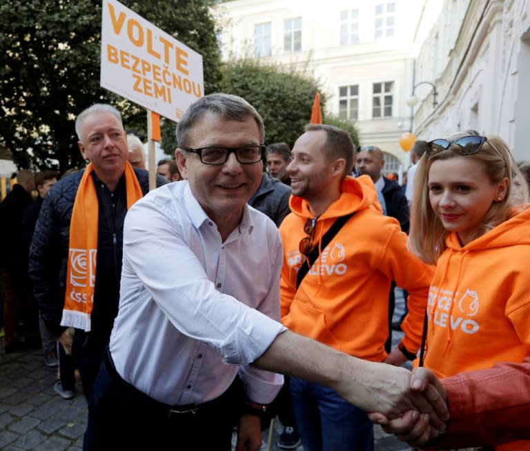 Czech Foreign Minister Lubomir Zaoralek and top candidate of the Czech Social Democratic Party (CSSD) greets supporters during an election rally in Prague on October 15, 2017