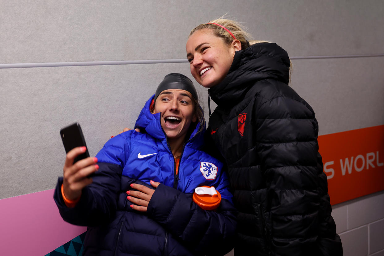 WELLINGTON, NEW ZEALAND - JULY 27: Danielle Van De Donk of Netherlands and Lindsey Horan of USA take a photograph in the tunnel after the FIFA Women's World Cup Australia & New Zealand 2023 Group E match between USA and Netherlands at Wellington Regional Stadium on July 27, 2023 in Wellington / Te Whanganui-a-Tara, New Zealand. (Photo by Maja Hitij - FIFA/FIFA via Getty Images)