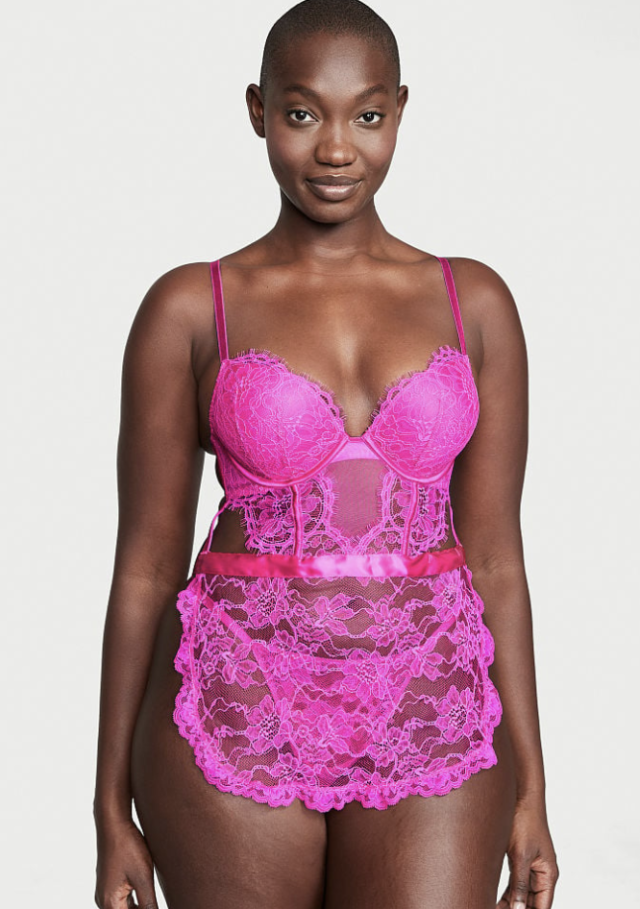 Belle Teddy, super flirty in Lace & Mesh tie-up teddy. Deep V front, &  sheer back, Plus size