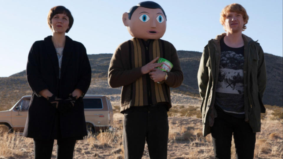 Maggie Gyllenhaal, Michael Fassbender, and Domhnall Gleeson in Frank