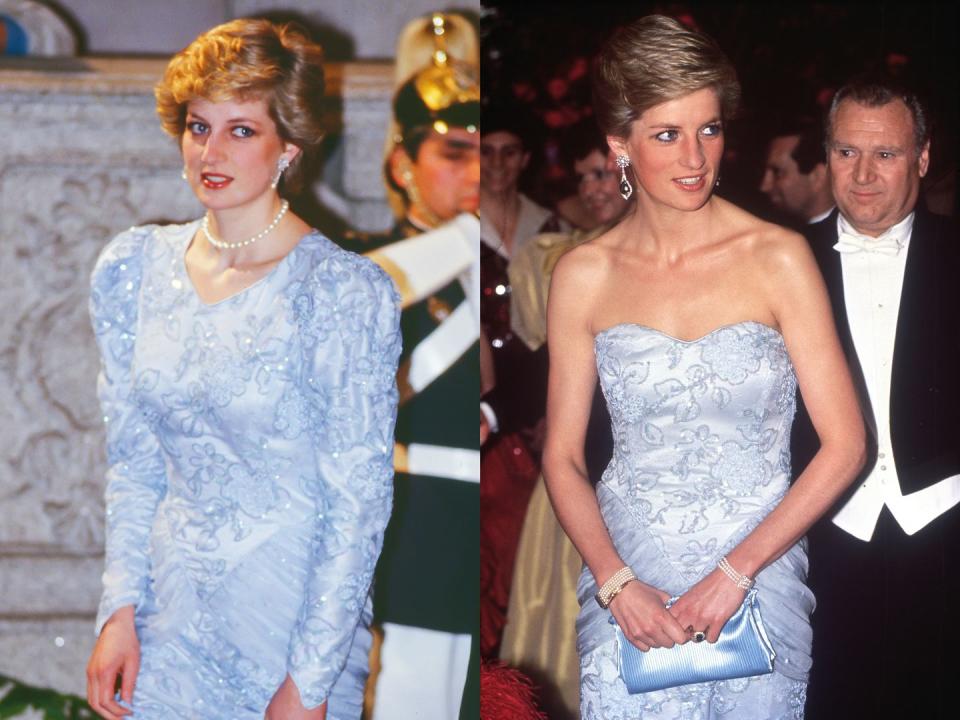 <p>Diana wore this long-sleeved gown for the first time during an official visit to Lisbon, Portugal in 1987. She then remade the dress, removing the sleeves and re-crafting it with a heart-shaped strapless neckline to wear to a charity ball two years later in 1989.</p>