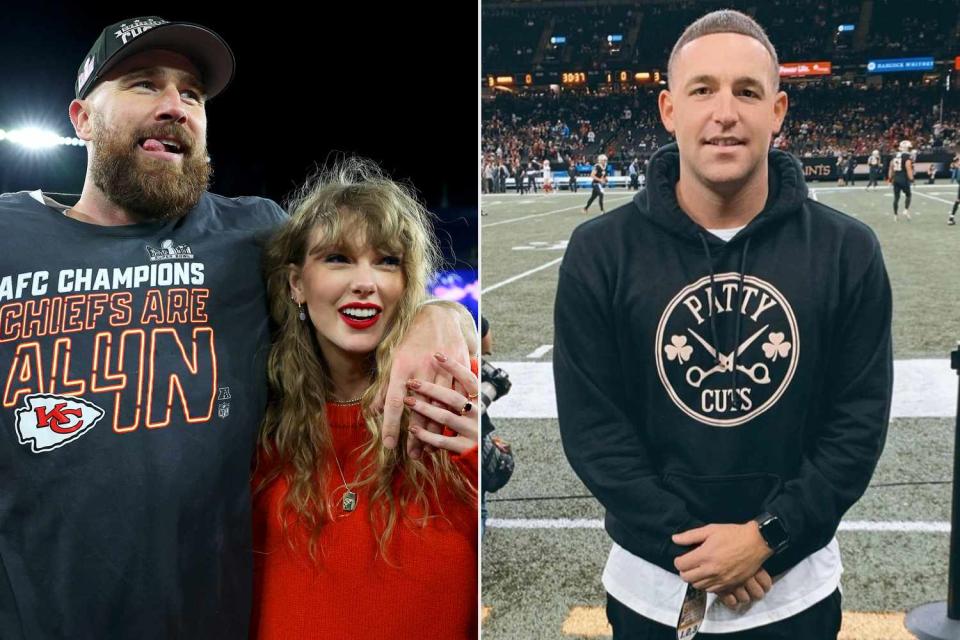 <p>Patrick Smith/Getty Images; Patrick Regan/Instagram</p> Travis Kelce with Taylor Swift at the AFC Championship Game, Patrick Regan