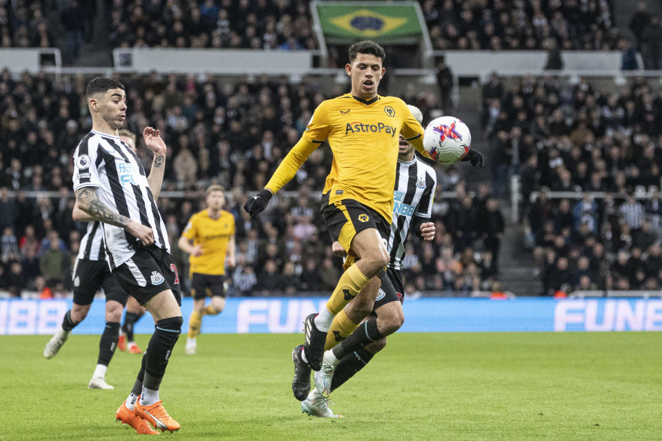 NEWCASTLE UPON TYNE, ENGLAND - MARCH 12: Matheus Nunes of Wolverhampton in action during the Premier League match between Newcastle United v Wolverhampton Wanderers at St. James Park on March 12th, 2023 in Newcastle upon Tyne, United Kingdom. (Photo by Richard Callis/MB Media/Getty Images)