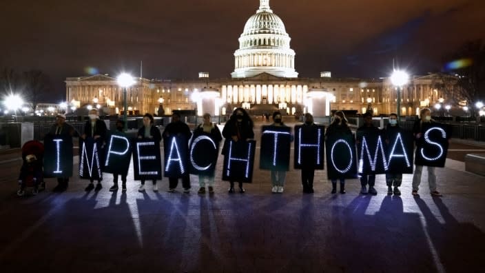 MoveOn activists call for the impeachment of U.S. Supreme Court Justice Clarence Thomas outside of the U.S. Capitol Building on March 30, 2022, in Washington, D.C. (Photo: Paul Morigi/Getty Images)