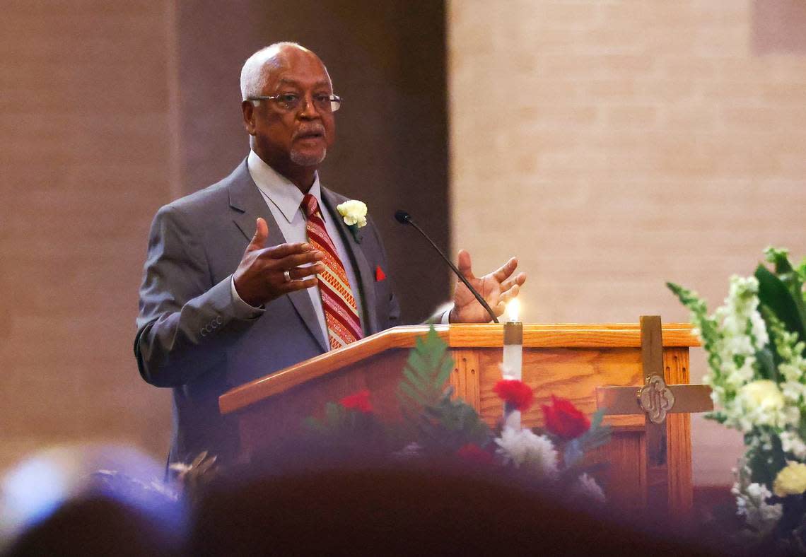 Dwight Cooley speaks at his father Archie Cooley Jr.’s funeral on Friday, April 26, 2024, at Genesis United Methodist Church in Fort Worth.