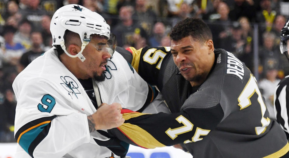 The battle on the ice between San Jose’s Evander Kane and Vegas’ Ryan Reaves has been top-notch entertainment. Off it, not so much. (Photo by Ethan Miller/Getty Images)