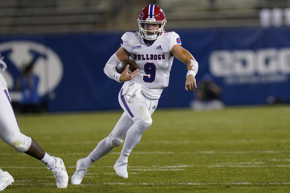 Louisiana Tech quarterback Luke Anthony carries the ball against BYU during the first half of an NCAA college football game Friday, Oct. 2, 2020, in Provo, Utah. (AP Photo/Rick Bowmer, Pool)