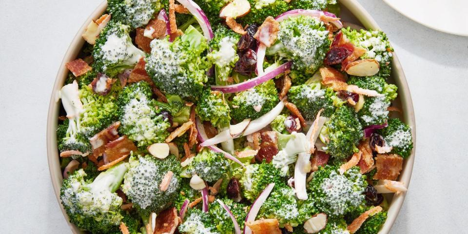 broccoli salad with red onion, bacon, and almonds