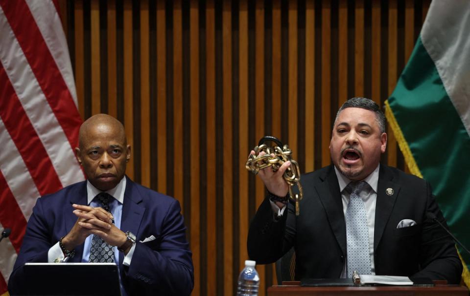 New York City Mayor Eric Adams (left) and New York City Police Department Edward Caban (right) spoke to reporters on Wednesday. Mr Caban, who is holding a bike lock and chain that protesters reportedly used to barricade Hamilton Hall, said more than 100 people were arrested at Columbia University on Tuesday (REUTERS)