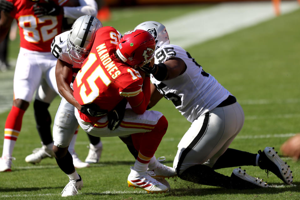 Patrick Mahomes and the Chiefs had a rough day in their first meeting with the Raiders. (Photo by Jamie Squire/Getty Images)