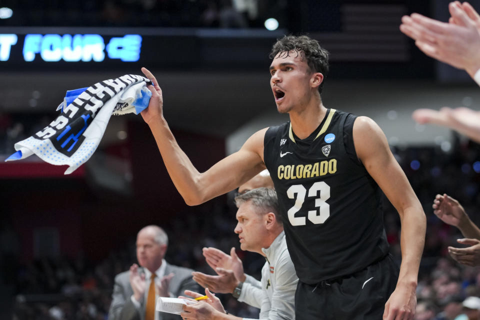 Colorado forward Tristan da Silva reacts from the bench during the second half of the team's First Four game against Boise State in the NCAA men's college basketball tournament Wednesday, March 20, 2024, in Dayton, Ohio. (AP Photo/Aaron Doster)