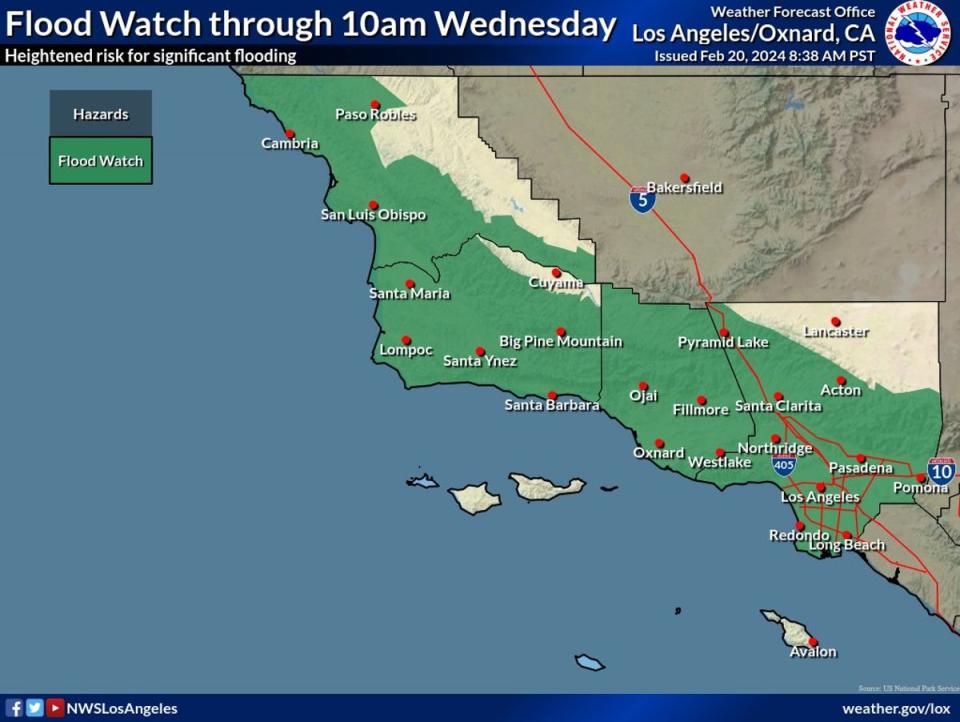 Southern California is under a flood watch until Wednesday morning (National Weather Service)