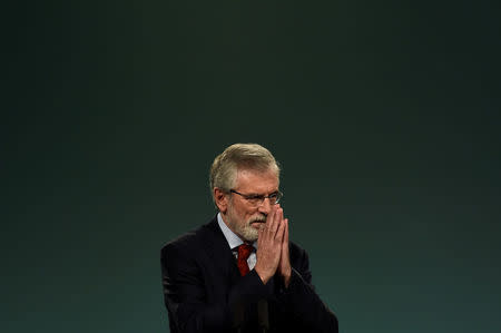 Sinn Fein President Gerry Adams delivers a speech at his party's annual conference in Dublin, Ireland November 18, 2017. Picture taken November 18, 2017. REUTERS/Clodagh Kilcoyne