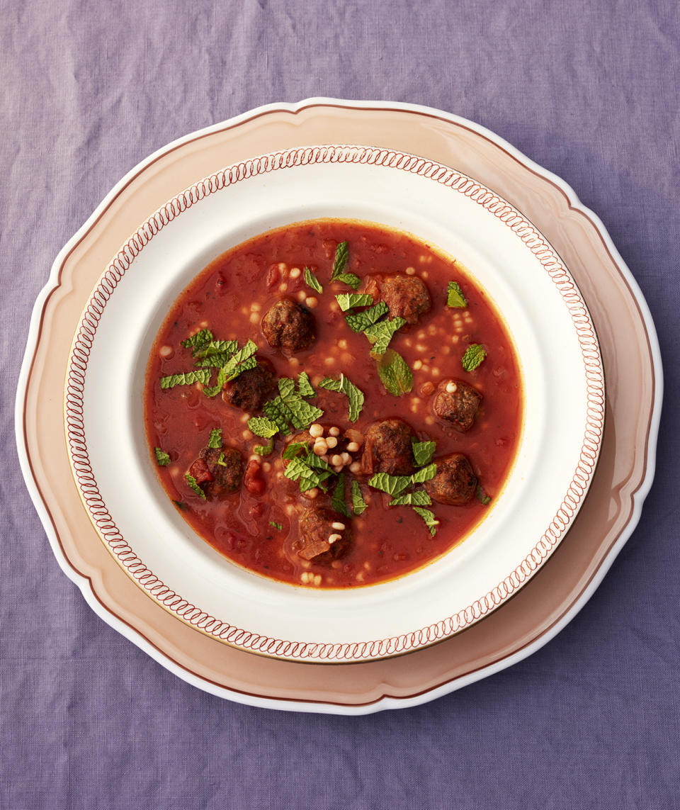 Spicy Tomato Soup with Lamb Meatballs and Israeli Couscous