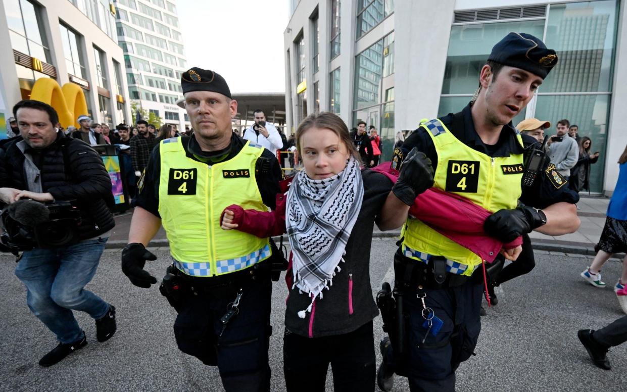 Greta Thunberg is removed by police during a pro-Palestinian demonstration outside the Malmo Arena