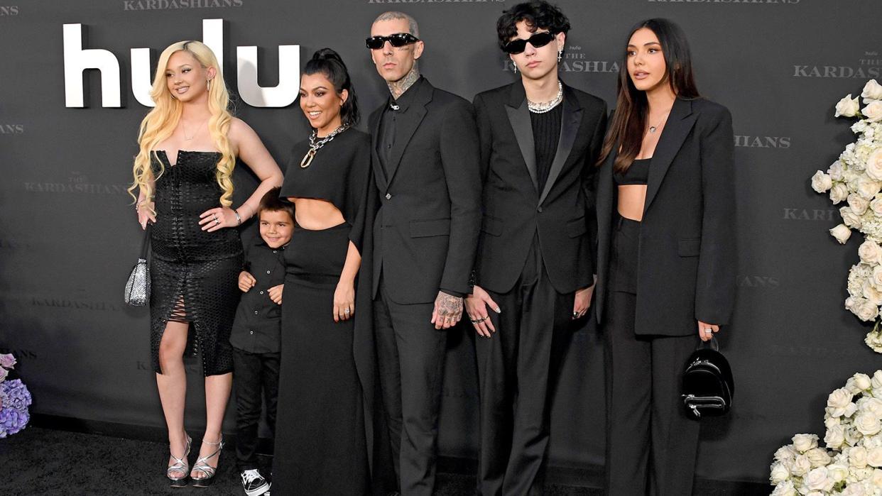 LOS ANGELES, CALIFORNIA - APRIL 07: (L-R) Alabama Barker, Reign Disick, Kourtney Kardashian, Travis Barker, Landon Barker and Atiana De La Hoya attend the Los Angeles premiere of Hulu's new show 