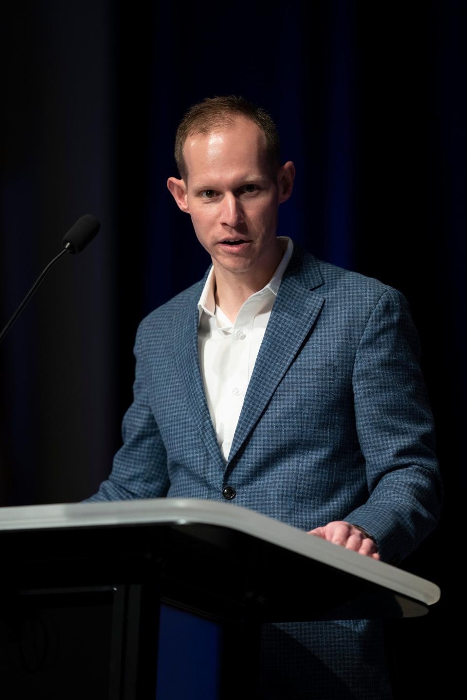 Chairman Jared Wellman addresses the Southern Baptist Convention Executive Committee meeting Monday, Feb. 20, 2023 in Nashville, Tenn. 