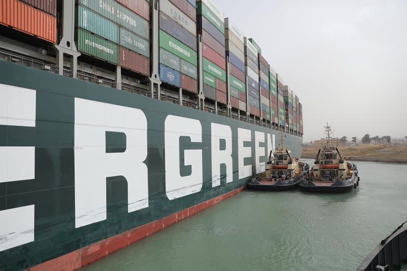 Stranded container ship Ever Given, one of the world's largest container ships, is seen after it ran aground, in Suez Canal