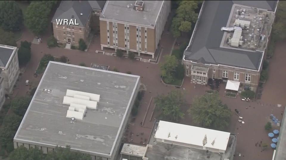 Aerial view of the search for an 'armed and dangerous' person at UNC-Chapel Hill; Photo courtesy of WRAL