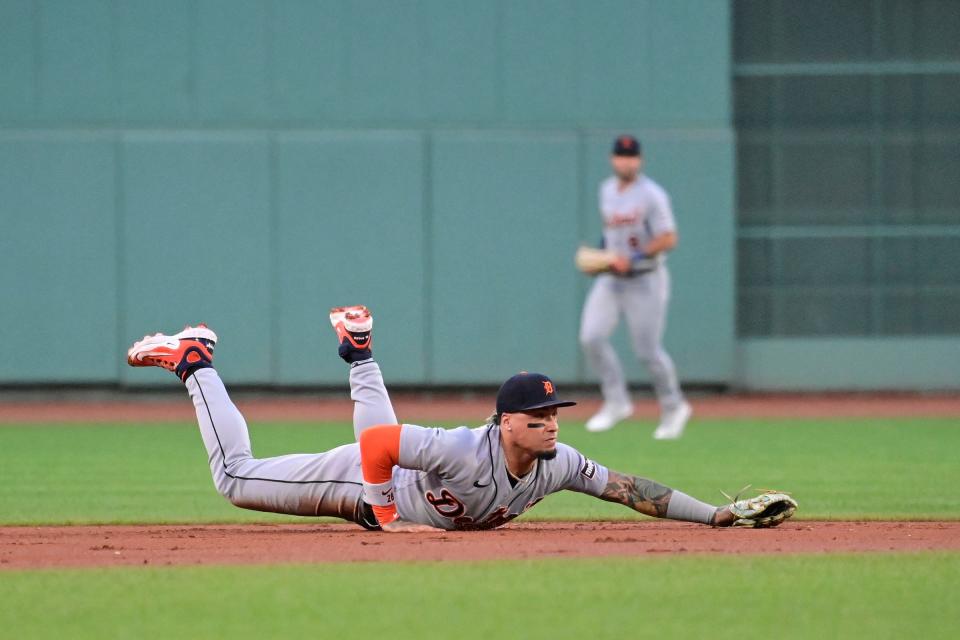 Tigers shortstop Javier Baez dives for the ball during the second inning against the Red Sox during the fourth inning on Friday, Aug. 11, 2023, in Boston.