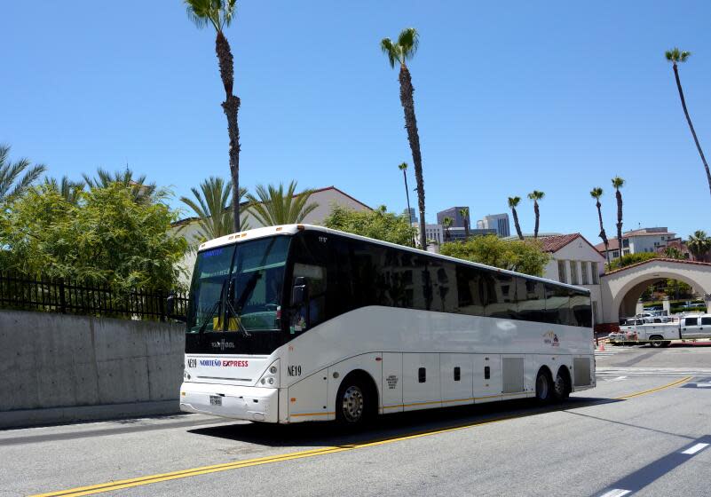 After a 30-hour plus ride, a chartered bus carrying 30 immigrants from Texas arrives at Union Station in Los Angeles on Thursday, July 13, 2023.