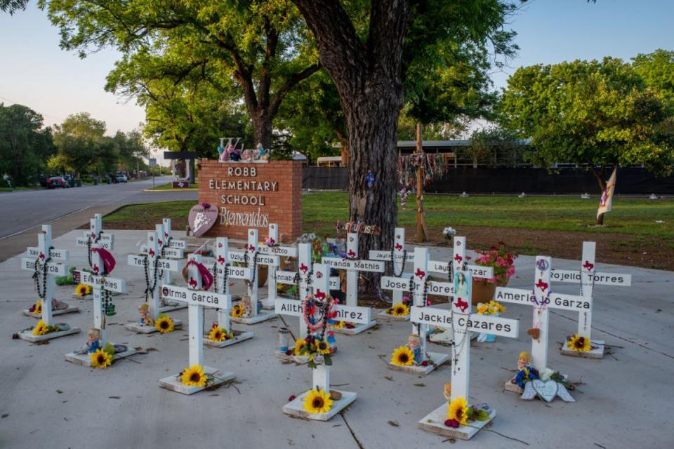 A memorial dedicated to the 19 children and two adults murdered on May 24, 2022 during the mass shooting at Robb Elementary School is seen on April 27, 2023 in Uvalde, Texas (Getty Images)