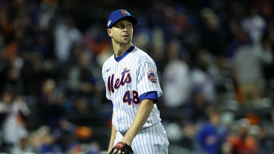 Oct 8, 2022;  New York City, New York, USA;  New York Mets starting pitcher Jacob deGrom (48) in the sixth inning during game two of the Wild Card series against the San Diego Padres for the 2022 MLB Playoffs at Citi Field.  Mandatory Credit: Brad Penner-USA TODAY Sports